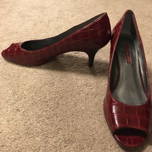 Brick Red, Square-Patterned Peep Toe Pumps
